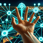 **Prompt:** A vibrant, interconnected web visualizing a decentralized data network. Focus on user empowerment: hands reaching out to control data flows, illuminated nodes representing secure data points, and a cityscape in the background symbolizing the impact on urban innovation. Style: futuristic, optimistic, with a color palette of blues, greens, and golds.