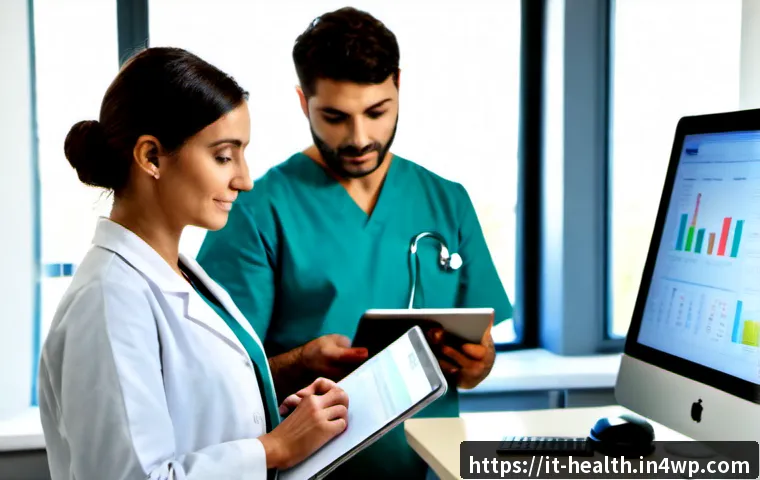 의료기록 데이터 품질 개선 전략 - Photorealistic Italian hospital records office, diverse healthcare quality team reviewing anonymized...